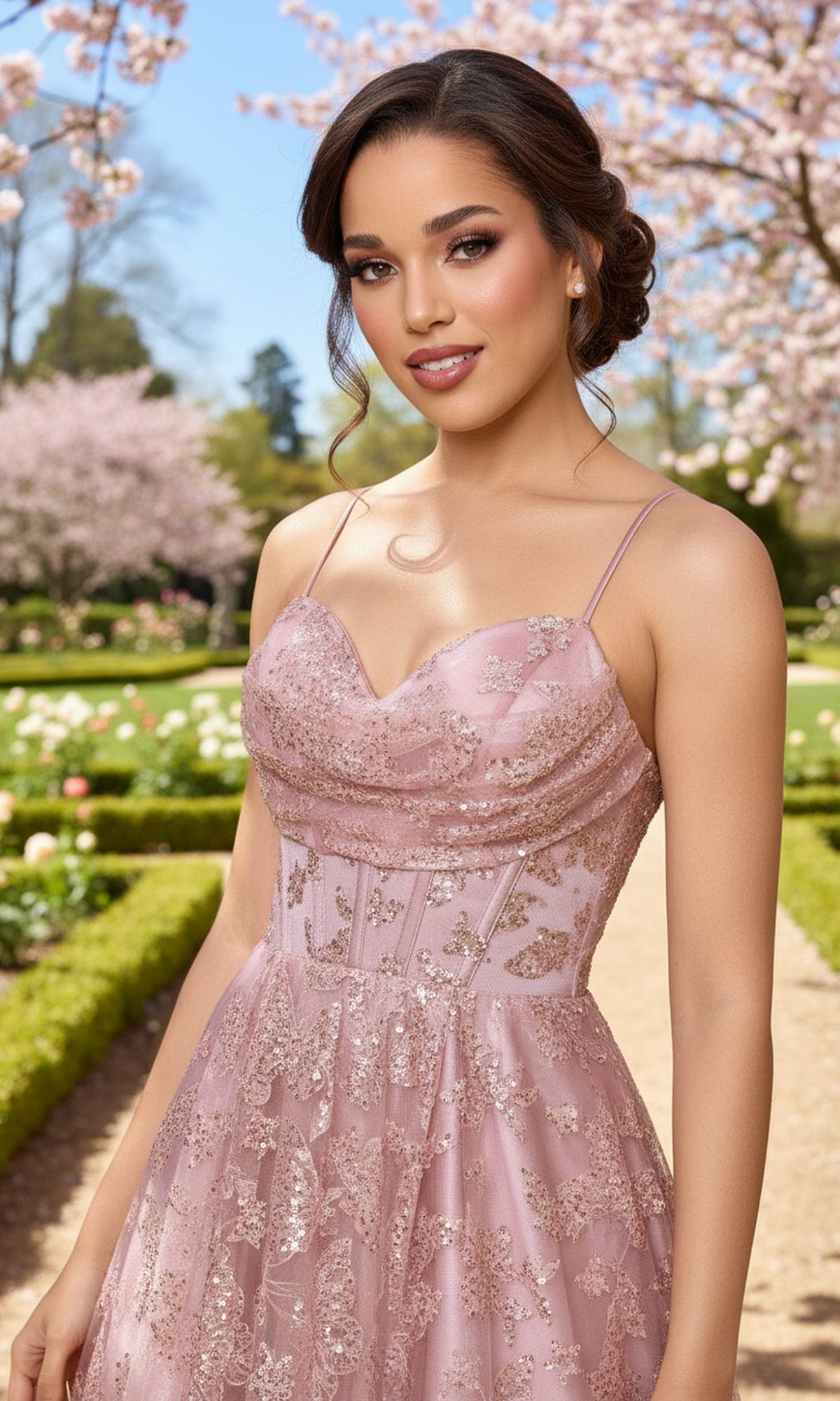 Wearing the Blondie Nites 6056BN long prom dress with a pink glitter-print corset bodice, a woman stands on a sunny garden path surrounded by blooming trees and greenery.